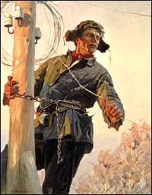 Painting of an electrician on a power
pole