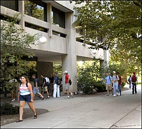 students walking to class outside Carver
Hall
