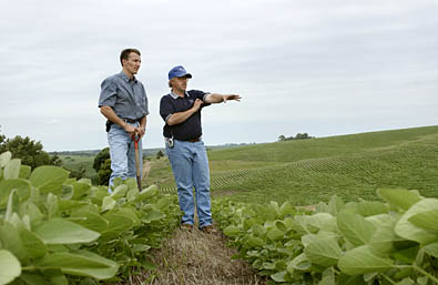 Todd Vagts and Jeff Weier checking out the growth patterns
of a soybean field