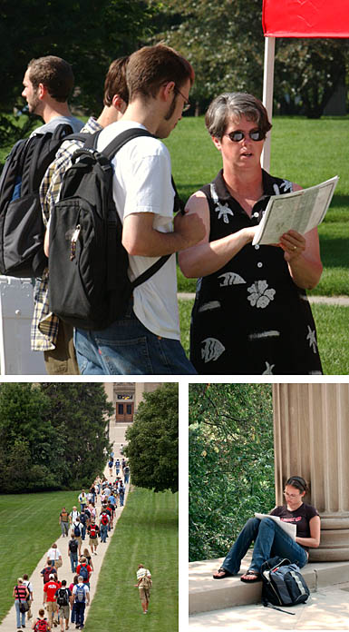 Three pictures of the first day of classes. 
Top - Nancy Paris, bottom-left - students crossing on central campus between
Beardshear and Curtiss Hall and bottom-right - student studying by pillar in
front of Curtiss Hall