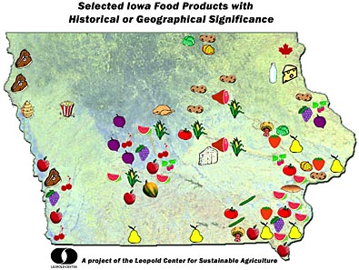 Map of Iowa with selected Iowa food
products with historical or geographical significance