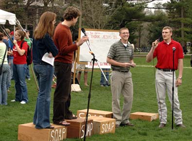 Students standing on soap boxes during First
Amendment week events