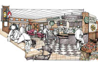 Artist's sketches of ISU Dining's proposed
cafe and Starbucks in a renovated Hub on central campus.
