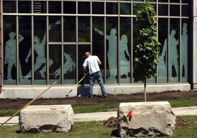 Cory Ritland landscaping outside the LeBaron
Hall auditorium addition