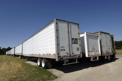 Approximately 30 semitrailers parked in rows
at ISU's Southwest Athletic Complex