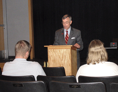 President Geoffroy speaking at Waterloo High
School