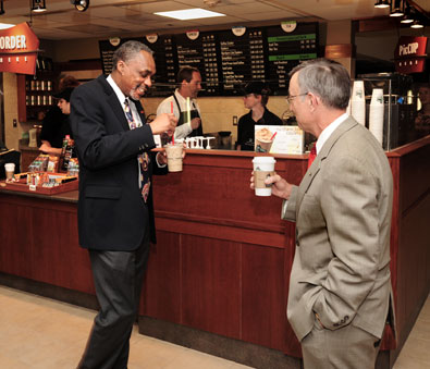 Tom Hill and President Geoffroy at Caribou Coffee