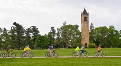 Bikers in front of the campanile