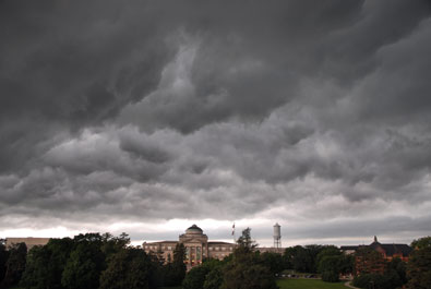 Storm clouds over Beardshear Hall